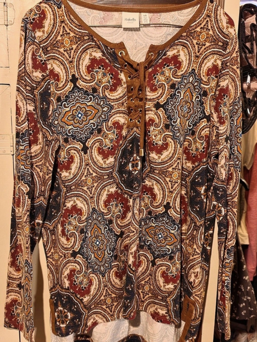Rafaella Weekend Paisley Lace-Up Blouse in Brown & Blue Size Large Like New